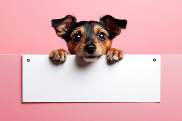 Curious Jack Russell Terrier peeks over white sign on pink dog holding empty