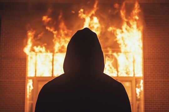 Dark Scene of Person in Black Hoodie Facing Burning Brick Silhouette man standing front