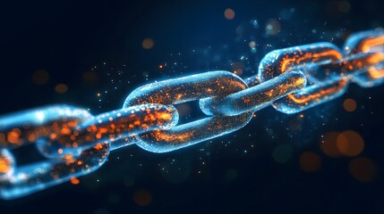 Digital abstract close-up of a glowing chain with illuminated particles and sparks representing blockchain technology and digital security