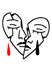 Broken heart illustration with sad faces and two different color tears