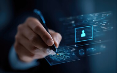 Hand with stylus, digital fingerprint interface, personal data