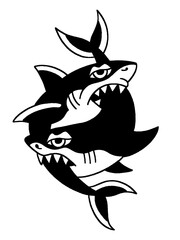 Two black and white cartoon sharks with aggressive expressions in a dynamic pose