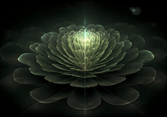 Obraz premium Ethereal Green Fractal Flower with Glowing Center on Dark Background