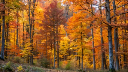 Obraz premium Radiant Autumn Forest Landscape with Glowing Mixed Hardwoods in Golden Sunlight