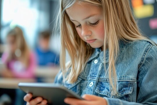 Focused young student in classroom holding tablet surrounded by classmates Girl child learning with digital