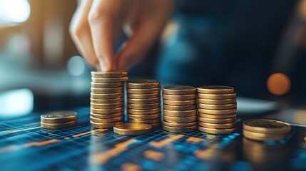Close-up of a person's hand stacking golden coins on a financial chart with modern digital background for investment and wealth growth