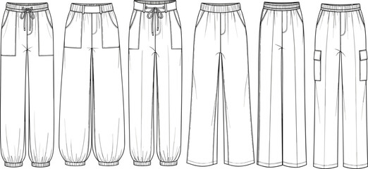 Cad drawing flat vector illustration of women's wide leg trousers, technical fashion sketch, comfortable casual pants design, front view detail © Nur-Nobin Creations