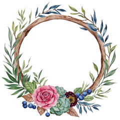 Naklejka premium Rustic Boho Wreath with Roses and Feathers