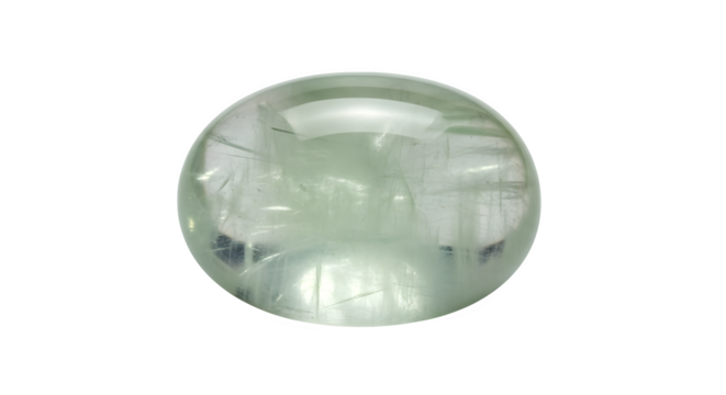 A translucent green prehnite cabochon isolated on transparent background, a polished gemstone with a smooth surface and oval shape for jewelry making