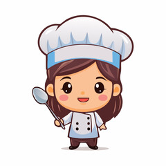 Obraz premium Cute girl chef cartoon character holding a spoon