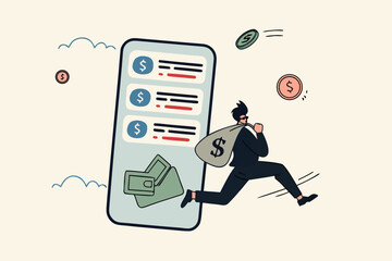 Call center fraud or scam stealing money from mobile banking application, fake phone call or financial crime, phishing or financial threat concept, scammer thief steal money from mobile banking app.