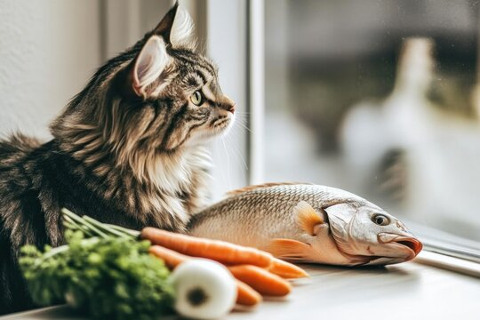 Long-haired tabby cat sits by a window with large Domestic raw fish - Powered by Adobe