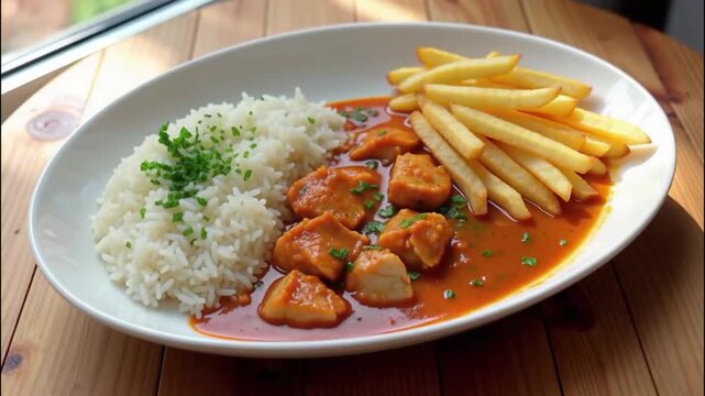 close-up of a white oval plate of chicken stroganoff on a wooden table.