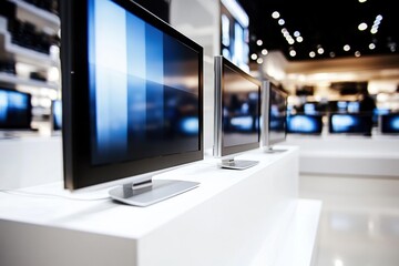 Fototapeta premium Modern and sleek flat-screen televisions neatly arranged on a white Flatscreen TVs for sale in electronic