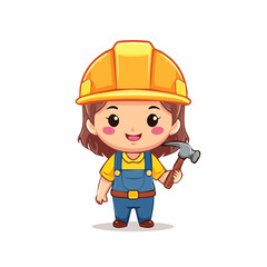 Fototapeta premium Cute cartoon girl builder in overalls and hard hat
