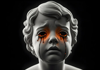 Angelic Sculpture Crying Molten Lava Tears Against Dark Background