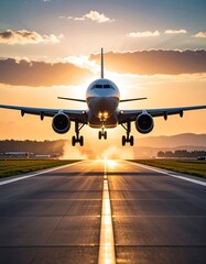 Airplane landing at sunset