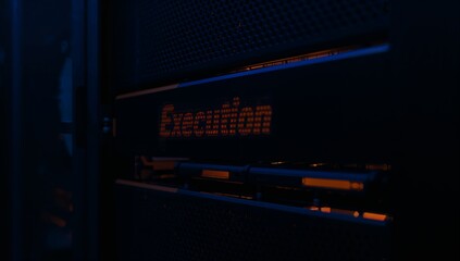 Futuristic server rack closeup with blinking lights and cables in a dark data center environment