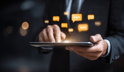 Businessperson using tablet with floating chat bubbles