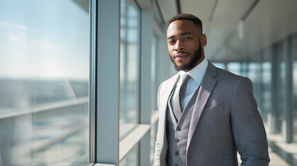 A cinematic, full HD portrait of a young professional in a sharp suit, standing confidently in a sunlit office. The background features floor-to-ceiling windows with a distant cityscape, with bright, 