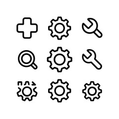 Settings and Tools Icons Set – Gear, Wrench, Repair, Zoom, Plus Sign, System Preferences and Configuration Vector Illustration