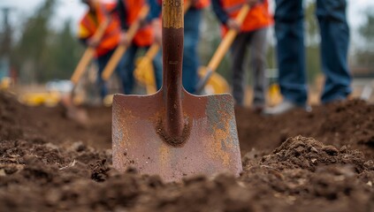 Groundbreaking ceremony a diverse team of construction workers digging with shovels at a new project site