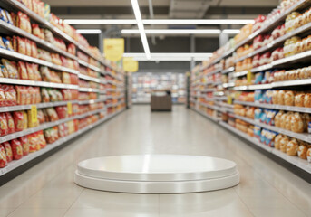 Modern White Display Platform in Blurred Supermarket Aisle