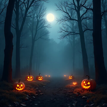 Enchanting halloween night scene: jack-o'-lanterns illuminate spooky forest path under moonlight