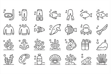 Diving Adventure Vector Icons Set for Ocean, Travel, and Water Sports Projects