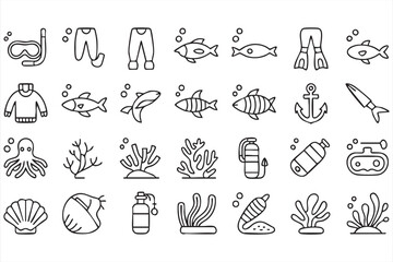 Snorkeling and Marine Life Icon Collection Featuring Octopus, Reef, and Equipment
