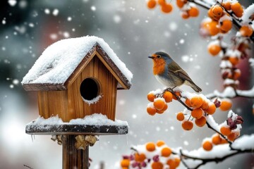 Winter scene with wooden birdhouse covered in snow and red Small sparrow bird next to feeding