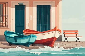Fototapeta premium Colorful illustration of small boats moored at a waterfront.