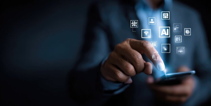Businessperson interacts with a glowing smartphone overlayed with digital icons - Powered by Adobe