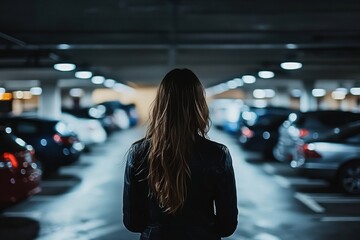 Young woman in black leather jacket standing moody parking Back view of alone