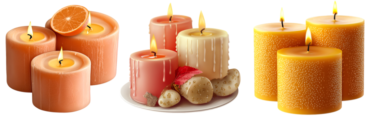 Collection of burning decorative candles in orange and yellow colors for home decor and spa relaxation, isolated on white background