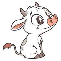 Fototapeta premium Adorable cartoon baby cow with brown spots sitting on white background calf animal