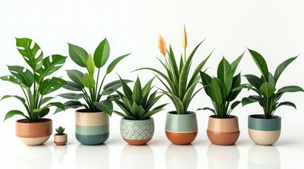 Lush green potted plants arranged in decorative containers