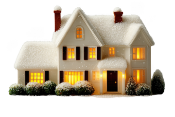 A charming snowcovered house with warm lights, isolated on transparent background