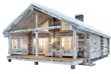 Cozy log cabin with snowcovered roof and inviting porch