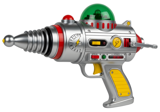 A retro ray gun isolated on transparent background, a vintage toy weapon for science fiction and space adventure, with a chrome finish and colorful details