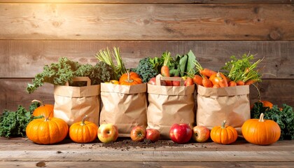 Fresh Autumn Harvest Produce in Paper Bags on Rustic Wooden Table with Warm Light