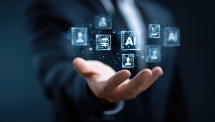 Businessperson's hand holds holographic AI icons