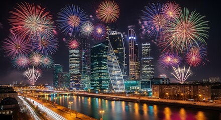 Fototapeta premium City Skyline with Colorful Fireworks at Night Over River