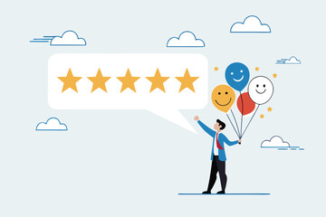 5 Stars review, customer feedback evaluation, best quality or satisfaction, opinion, best rating reputation or online positive review concept, customer giving 5 stars rating or customer experience.