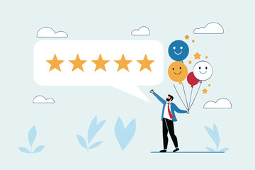 5 Stars review, customer feedback evaluation, best quality or satisfaction, opinion, best rating reputation or online positive review concept, customer giving 5 stars rating or customer experience.