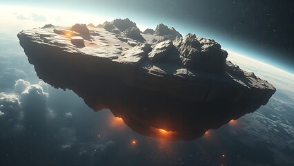 A massive floating landmass crumbling in space, ancient layers disintegrating into stardust.