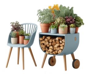 A blue chair and log holder display potted plants