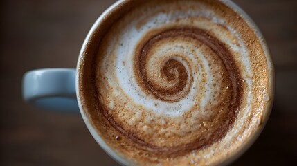 A close-up view of a light gray mug filled with a latte, showcasing a meticulously crafted spiral design on the surface of the frothy milk.