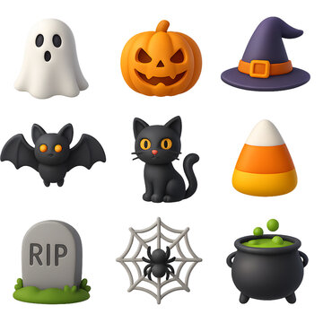 3D Cartoon Halloween Icons Set.