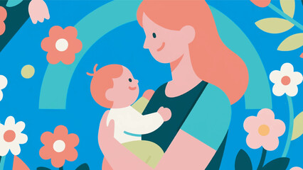 Mother and Baby with Floral Background Illustration Design Template